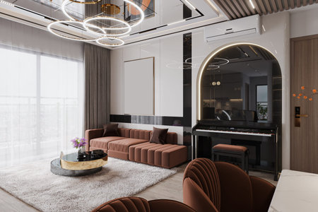 Smart Living Room with White Marble Background and LED Lighting, Elegance Sofa