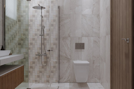 Modern Restroom With Wall Titles, Shower placeの写真素材