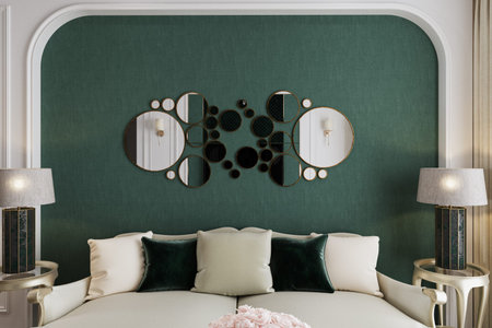 Authentic and Naturalistic Living Room Green Texture Background along with Mirror Decor Behind...