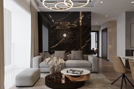 Attractive Living Room with Black and Golden Accents Marble Background Concept, Chic Couch,...