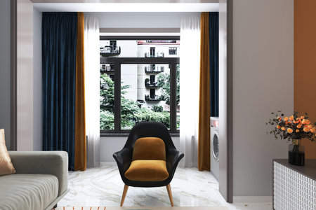 Cheerful Window View, Blue and Master color Curtain Behind Colorful Arm Chair Flower Vase