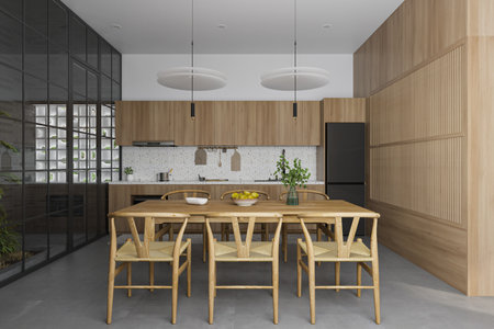 Minimalist Dining Cum Open Kitchen Interior design with wooden Furniture. Home decorの写真素材