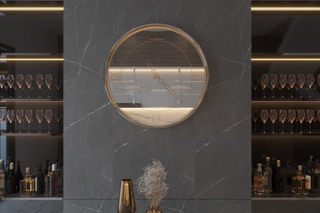 Mirror Style Wall Watch on the Blackish Wall, Home Bar Items, Empty space interior