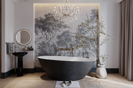 Open Bath Place in Bedroom Where interior with Exclusive Bathtub, Sink, Mirror and Chandelier, Wall...