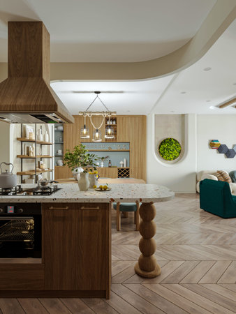 Interior of Studio apartment with rustic style furnishings and smart concept, 3D rendering