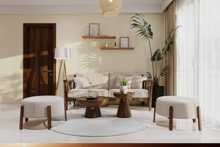 Wall Unit With Show-Piece, and White mock-up Poster frame on the wall, white Comfy wooden Sofa,...