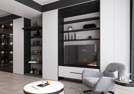 Interior of living room with Wall unit with accessories, TV, Armchair, 3D rendering