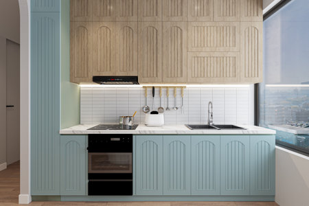 Scandinavian-style kitchen interior with pop color, 3D renderingの写真素材