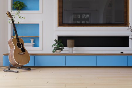 A Musical Guitar Standing by the TV Panel and unit in the minimalist-style living room. 3D renderingの写真素材