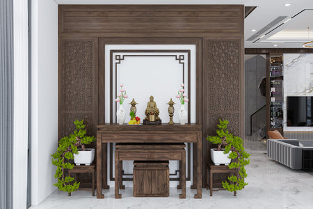A tiny Buddhist temple interior with Wooden partitions and botanicals. 3D renderingの写真素材