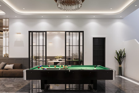 A billiard table is placed in the lobby, interior design
