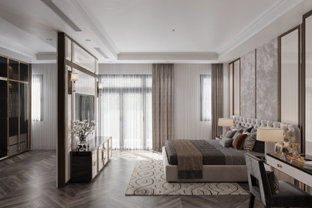 The bedroom has two sections of interior design, decorated with a bed, TV, cabinet, and table.の写真素材