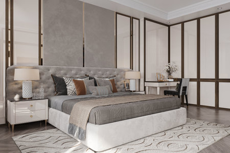 The lamp on the console table beside bed, Elegant bed in the bedroom.の写真素材