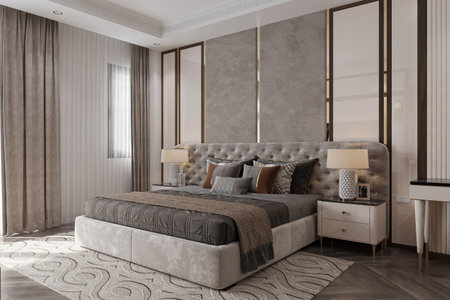 A stylish modern bed with pillow, plaid on the bed in the luxurious bedroom.の写真素材