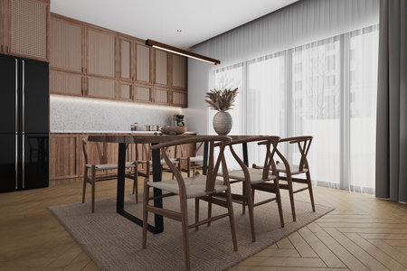 Sunlight plays in the upstairs dining and kitchen.の写真素材