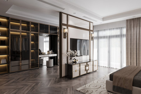 The bedroom has two sections of interior design, each decorated with personal items.の写真素材