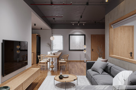 Creative interior design in a studio apartment with elegant wooden furniture.の写真素材