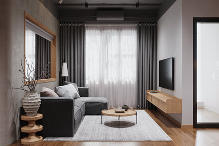 Creative composition of living room interior with the design of a gray sofa.の写真素材