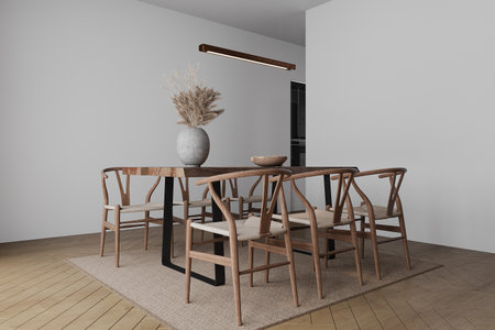 Stylish interior design of dining room in loft apartment with wooden table, chairs, on the carpet.の写真素材
