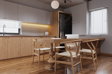 Simple and stylish wooden chairs with a table in the dining, sunlight.の写真素材