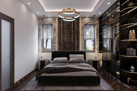 A Dark gray bed with white pillows next to the windows in the bedroom.の写真素材