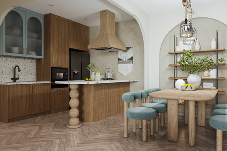 Wall-wood cabinet and cupboard, marble kitchen counter with utensils in the contemporary kitchen.の写真素材