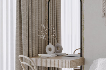 A boho bedroom with a dressing mirror and attached stand near the window.の写真素材