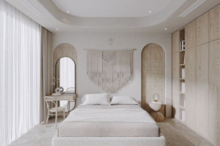 Craft wooden chairs with a wall-attached Table for reading purposes in the bedroom.の写真素材