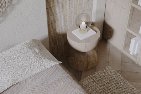 A globe lamp on the console table next to the bed in a boho bedroom.の写真素材