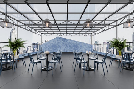 A restaurant with a city view on the top floor of a skyscraper.の写真素材