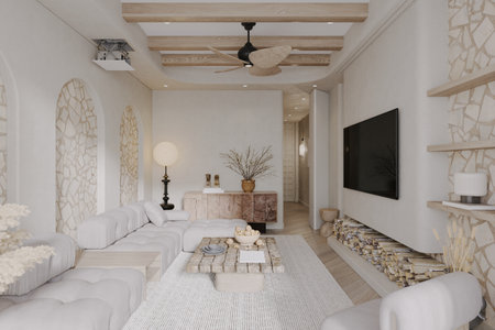 A sophisticated living room designed with a rustic interior.の写真素材