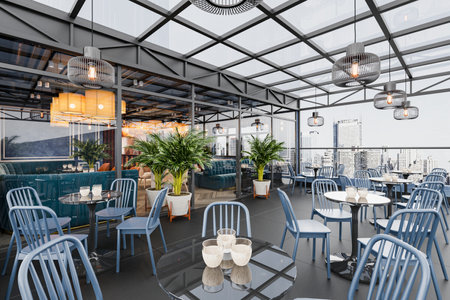 Classic Restaurant on the Top Floor of a Skyscraperの写真素材