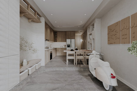 A white Scottish Terrier is standing in the modern foyer area.の写真素材