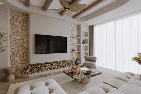 A larger window covered with white and gray curtains and, a TV hanging on the brick and concrete mounted.の写真素材