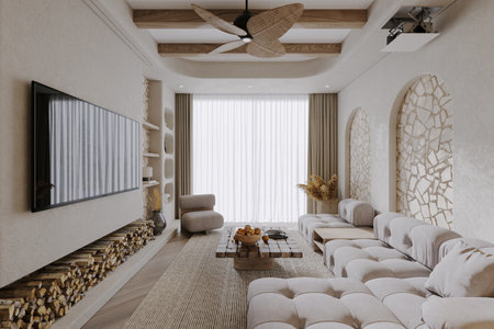 A larger window covered with white and gray curtains, a sophisticated living room.の写真素材