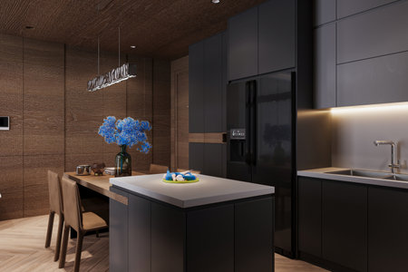 Beautiful hardwood and black interior in a luxury apartment.の写真素材