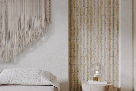 Boho-style bedroom interior design with rustic items.の写真素材