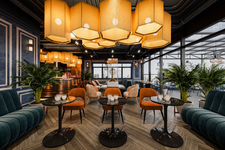 Focus on the exclusive chandelier hanging on the ceiling in a loft restaurant.の写真素材