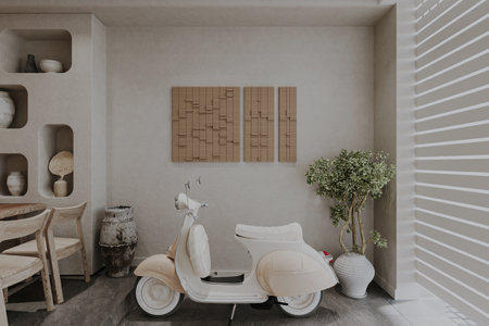 A white scooter standing by the foyer placed next to the botany plant.の写真素材