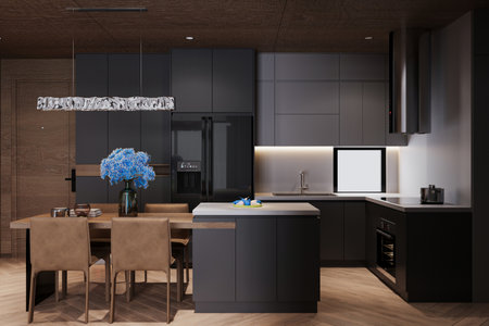 Luxurious apartment features modern touches in the dining, and kitchen area.の写真素材