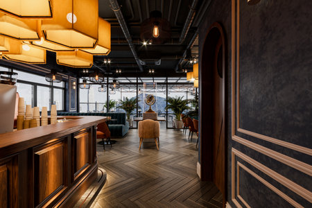 Reception interior with Wooden counter and exclusive chandelier in a modern restaurant.の写真素材