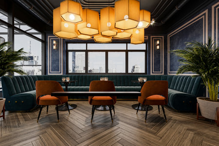 The high ceilings and industrial-style architecture give the space a modern, trendy vibe.の写真素材