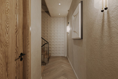 The interior of the upstairs floor with parquet and walls is designed with brick and concrete.の写真素材