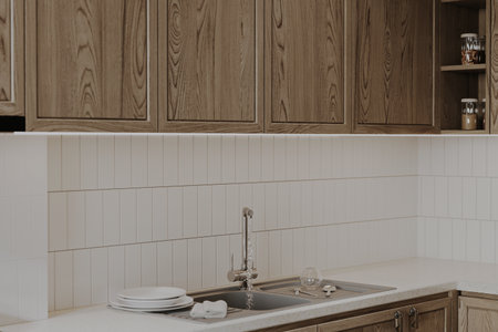Water falls into a faucet and plates on the kitchen island in the modern kitchen.の写真素材