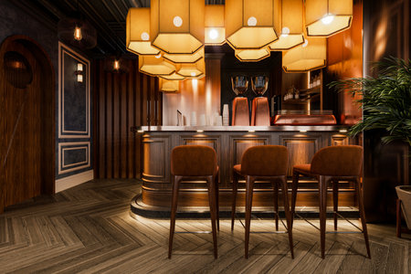Photo of a modern reception with a spacious center island and stylish bar stools.の写真素材