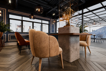 The restaurant is filled with tables and chairs in a loft.の写真素材