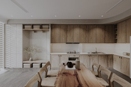 Living room Rustic Elegance Designing wooden chair with table in an open space.の写真素材