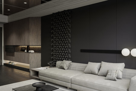 Gray modular sofa next to shoe cabinet with black wall background interior in a modern living area.の写真素材