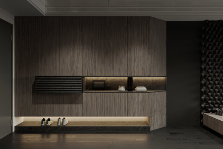 Interior of modern Cupboard shoe rack with items and shoes in the shoe rack.の写真素材