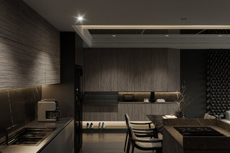 The foyer area was interior with a hardboard, texture, and shoe rack next to the kitchen.の写真素材